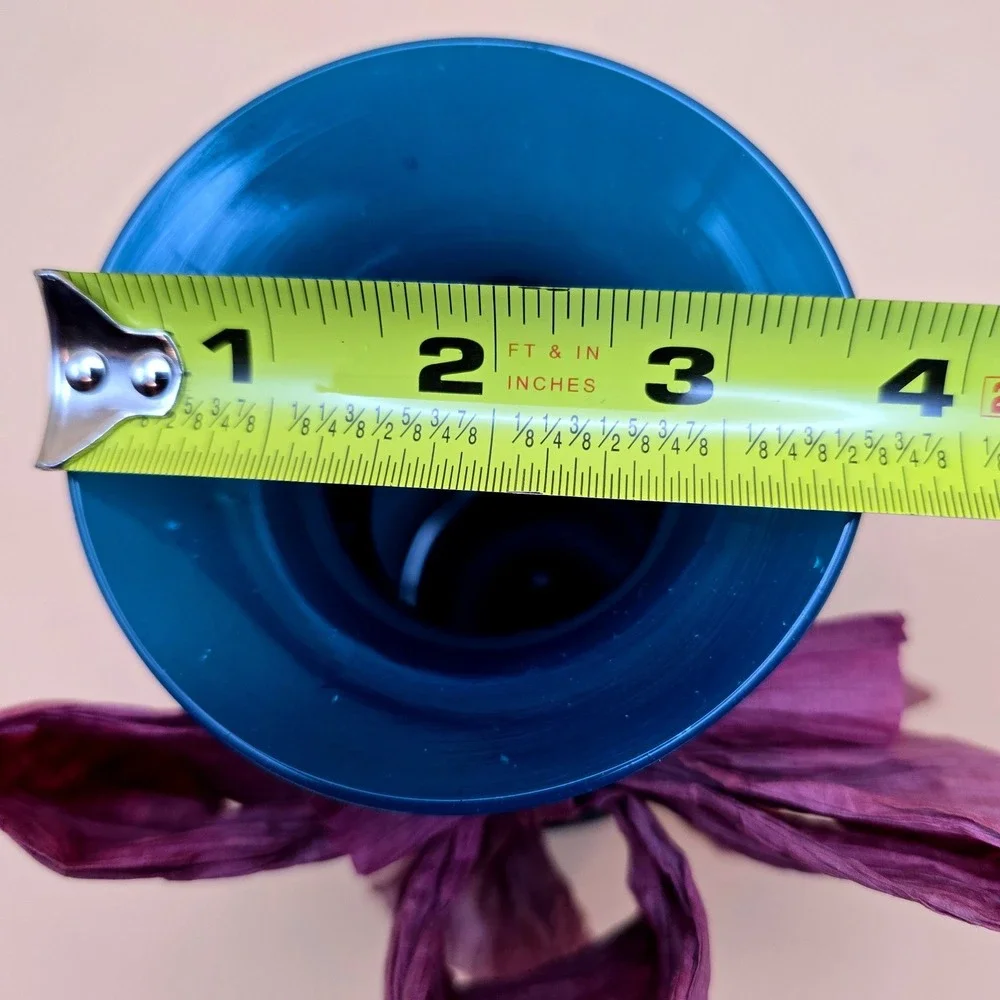 Alexander Julian Hand Blown Blue Frosted Glass‎ Vase Burgundy Raffia Bow 7 Inch